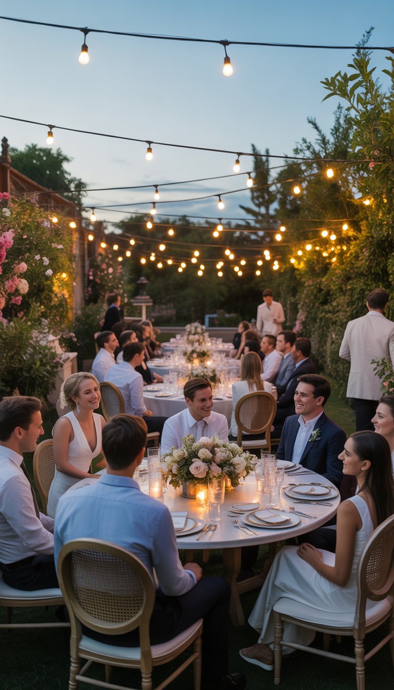 An outdoor garden wedding dinner party with tables, string lights, and guests enjoying the evening.